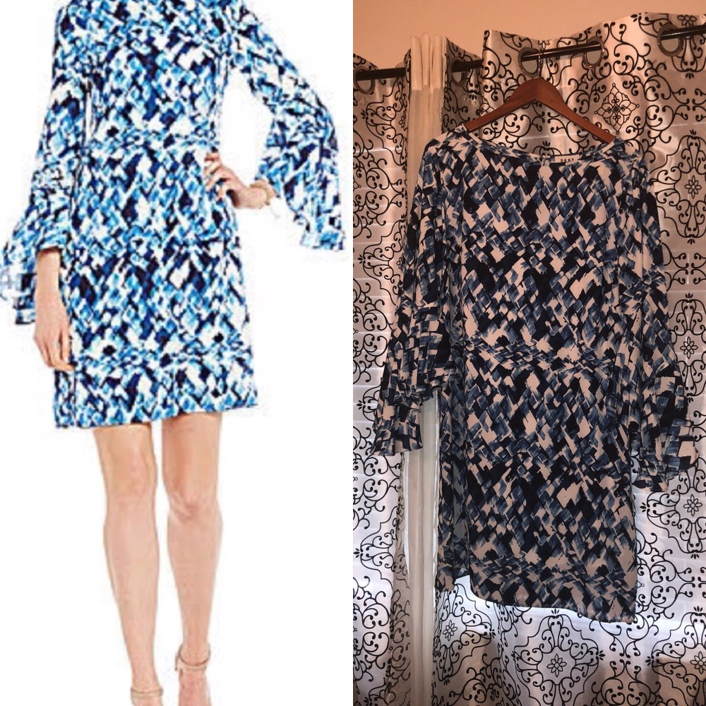 NWT DKNY WhiteBlue Bell-sleeve Printed Shift Dress